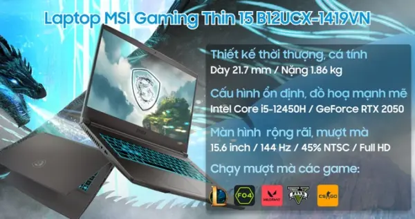 Laptop MSI Gaming Thin 15 B12UCX-1419VN - Hình ảnh 3
